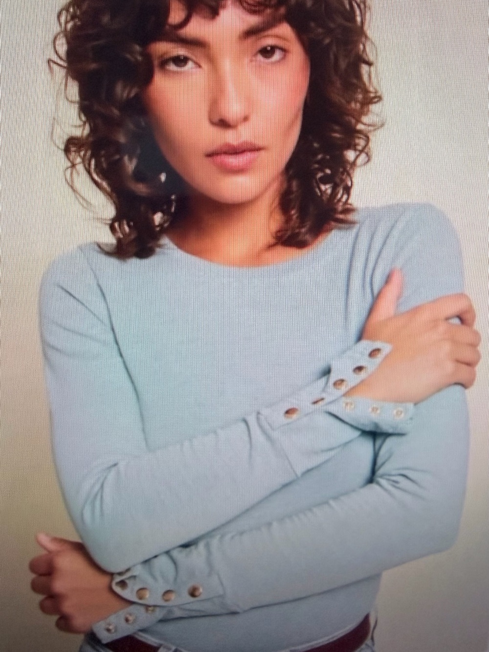 Nation LTD Smoke Blue Long Sleeve Crewneck Top with Snap Cuffs